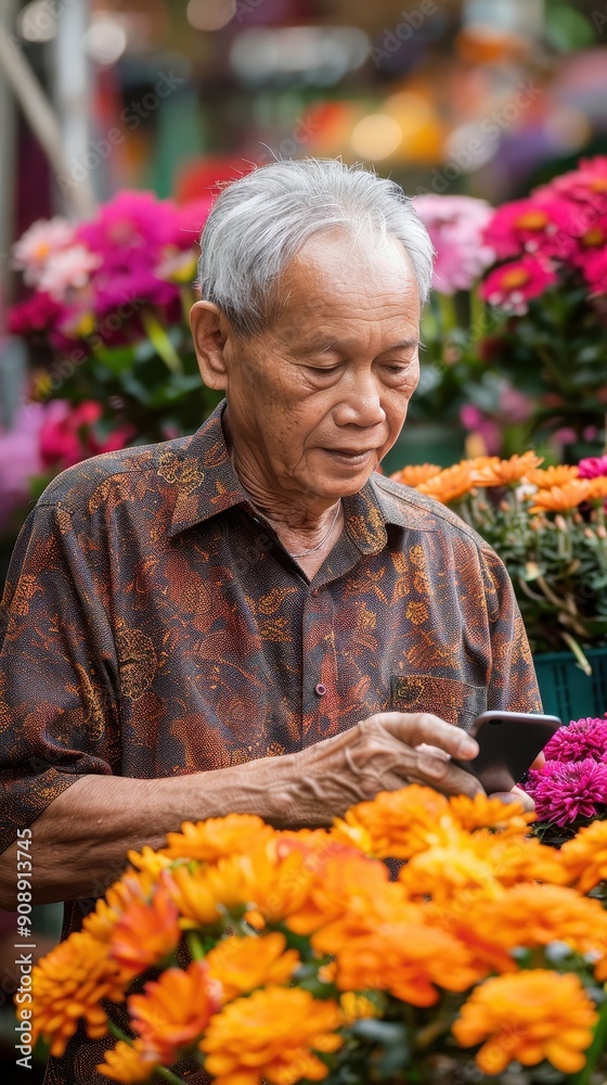 An elderly man examines his mobile phone while vibrant flowers bloom around him at a market An elderly man examines his mobile phone while vibrant flowers bloom around him at a market