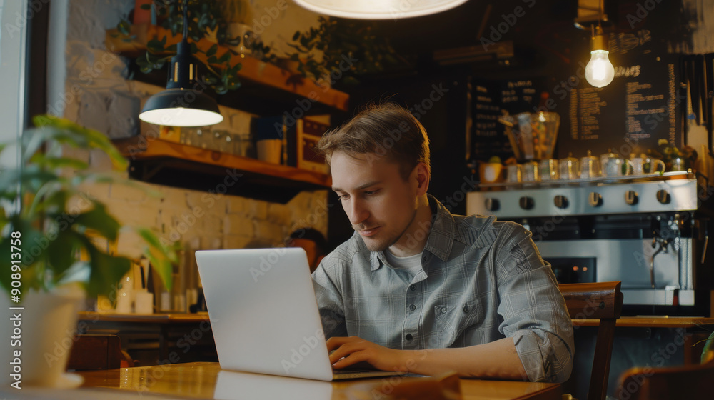 Man intently working on a laptop in a warmly-lit cafe, with rustic decor and an inviting ambiance, creating a comfortable and productive atmosphere. Man intently working on a laptop in a warmly-lit cafe, with rustic decor and an inviting ambiance, creating a comfortable and productive atmosphere.
