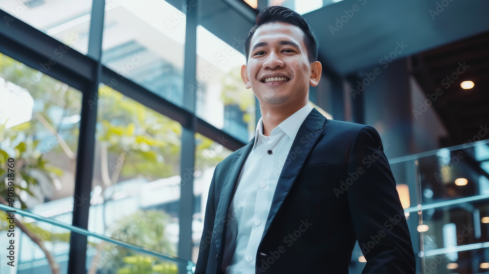 A confident individual in a sharp suit smiles warmly, representing professionalism and success in a modern office setting. A confident individual in a sharp suit smiles warmly, representing professionalism and success in a modern office setting.