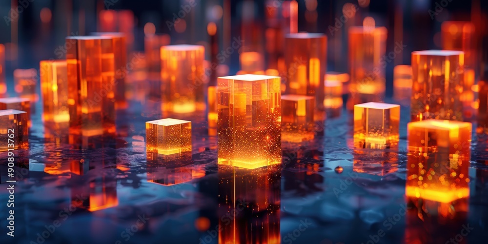 Abstract glowing orange cubes on a reflective surface, representing futuristic technology and modern design. Abstract glowing orange cubes on a reflective surface, representing futuristic technology and modern design.