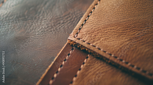 Close-up of intricately stitched leather, showcasing detailed craftsmanship and rich texture in a warm, natural tone. photo