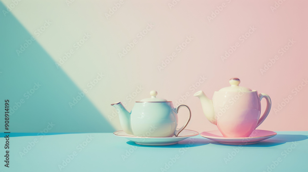 Soft pastel-hued teapots in a serene setting, reflecting gentle light, evoke a sense of calm and refined elegance. Soft pastel-hued teapots in a serene setting, reflecting gentle light, evoke a sense of calm and refined elegance.