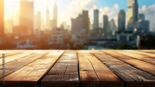 Rustic Pine Table Top with Blurred Urban City View 