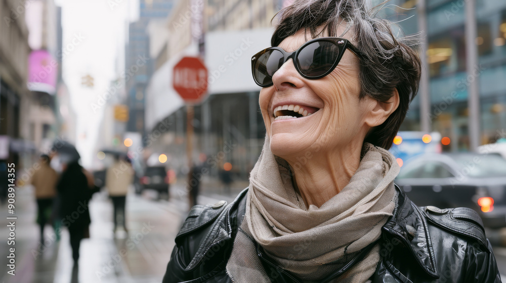 A joyful woman in sunglasses and a scarf enjoys a bustling city street, radiating positive energy and enthusiasm. A joyful woman in sunglasses and a scarf enjoys a bustling city street, radiating positive energy and enthusiasm.