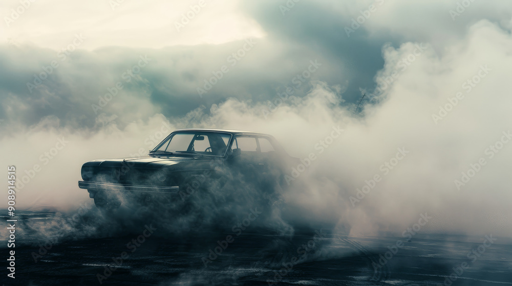 Fototapeta premium A vintage car emerges from dense smoke, creating a dramatic and mysterious ambiance against a backdrop of swirling clouds.