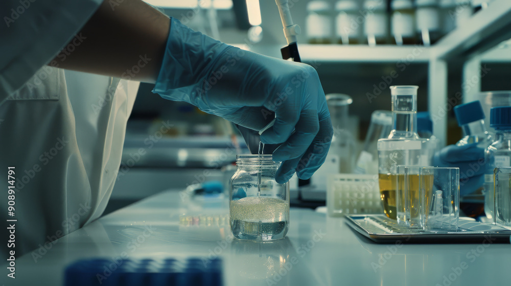 A lab technician in blue gloves uses a pipette to transfer liquid into a small container, surrounded by various scientific equipment on the bench. A lab technician in blue gloves uses a pipette to transfer liquid into a small container, surrounded by various scientific equipment on the bench.