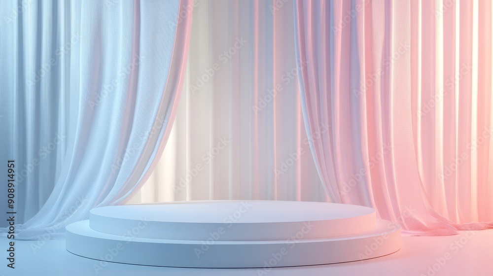 Two-Tiered White Platform Against Draped Sheer Curtains Two-Tiered White Platform Against Draped Sheer Curtains
