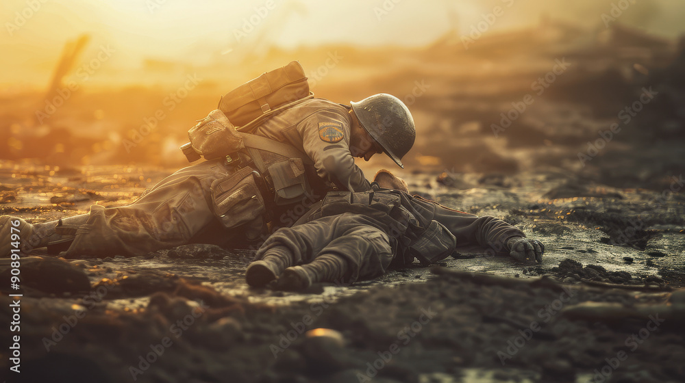 A soldier tends to a fallen comrade on a muddy battlefield, with the golden light of dawn highlighting the scene's somber mood and harsh realities of war. A soldier tends to a fallen comrade on a muddy battlefield, with the golden light of dawn highlighting the scene's somber mood and harsh realities of war.