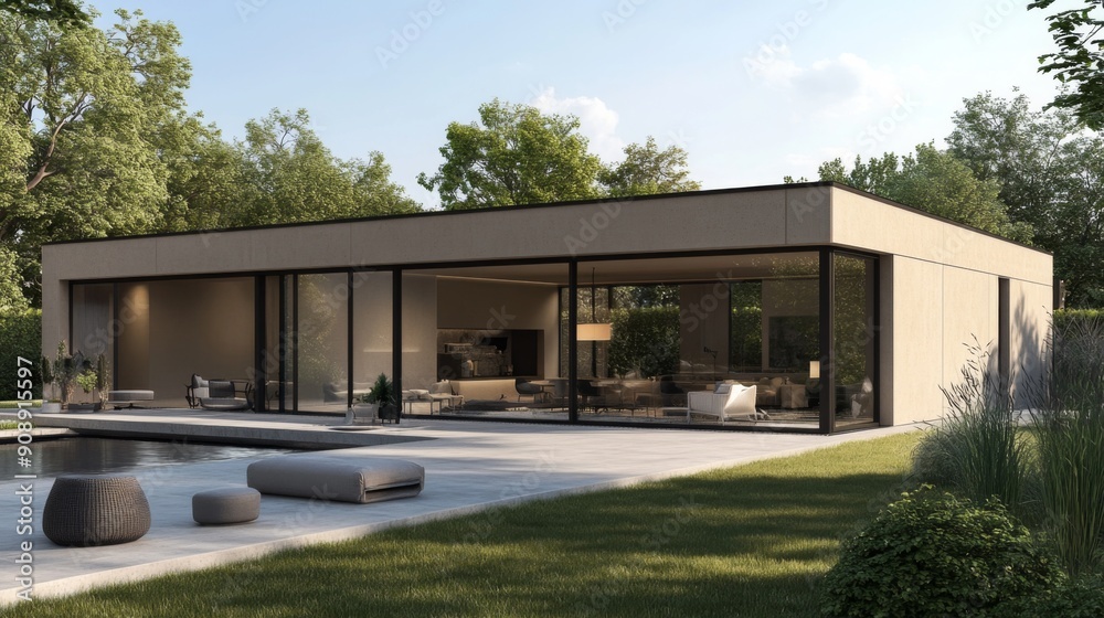 3D visualization of a chic modern house featuring clean lines and a spacious terrace. 3D visualization of a chic modern house featuring clean lines and a spacious terrace.