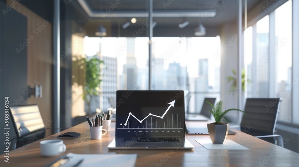 A sleek office showcases a laptop with a growth chart, surrounded by plants and natural light streaming through large windows. Generative AI A sleek office showcases a laptop with a growth chart, surrounded by plants and natural light streaming through large windows. Generative AI