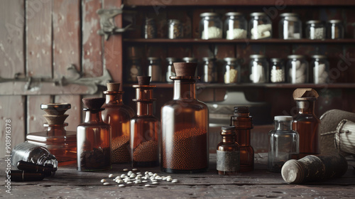 Various vintage amber and clear glass bottles sit on a rustic wooden surface, surrounded by medicinal herbs and powders in a cozy, old-fashioned apothecary setting.