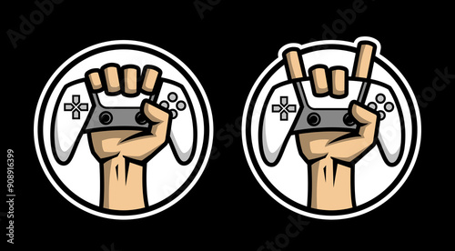 The hand holds the controller. Hardcore gamer logo two options.