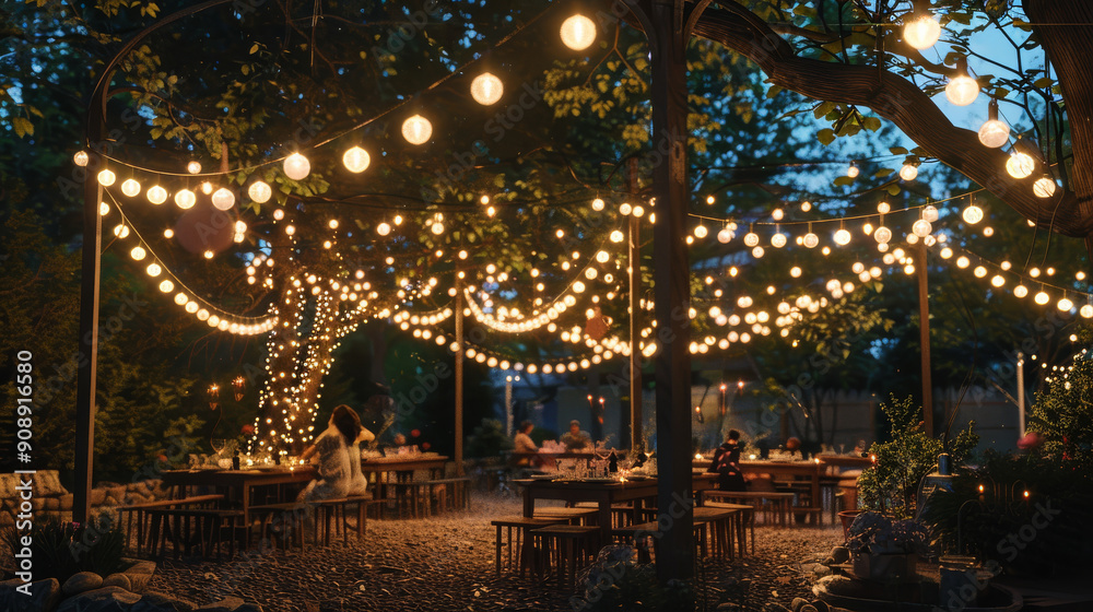 Outdoor garden with warm, glowing string lights creates a magical evening dining experience. Outdoor garden with warm, glowing string lights creates a magical evening dining experience.