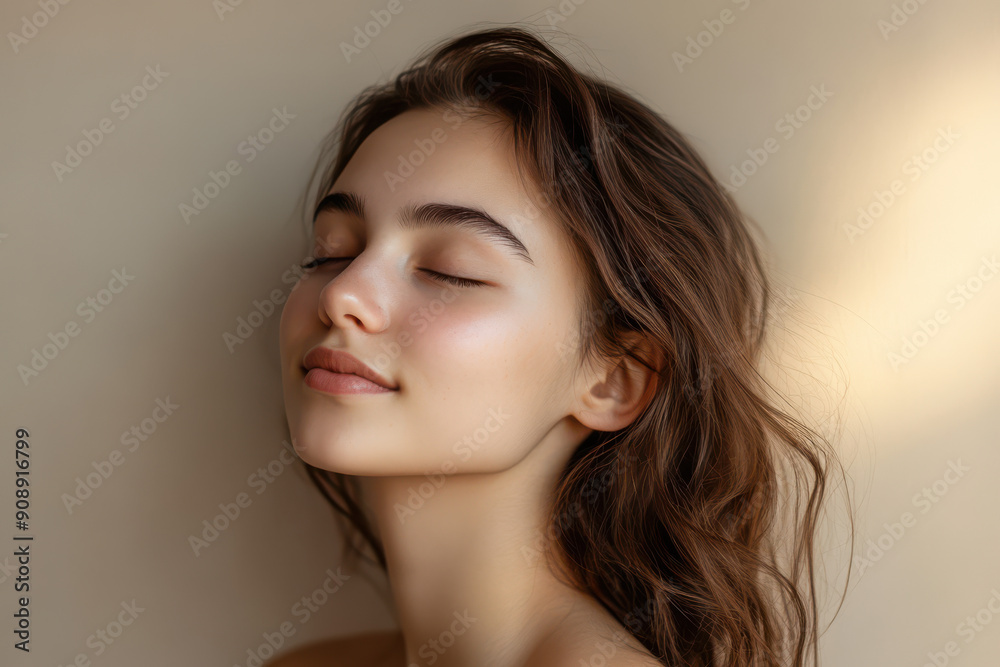 A close up of a girl's face with her eyes closed