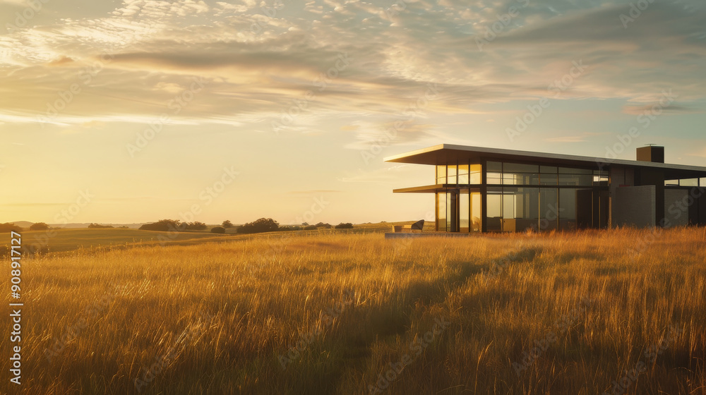 A modern, glass-encased house stands amidst a vast, golden field, basking in the warm glow of the setting sun. A modern, glass-encased house stands amidst a vast, golden field, basking in the warm glow of the setting sun.
