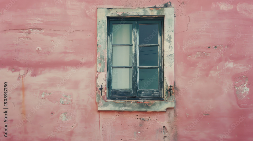 A charming, old window with dark teal shutters resides in a worn, pink wall, exuding quaint, rustic beauty and a touch of forgotten elegance. A charming, old window with dark teal shutters resides in a worn, pink wall, exuding quaint, rustic beauty and a touch of forgotten elegance.