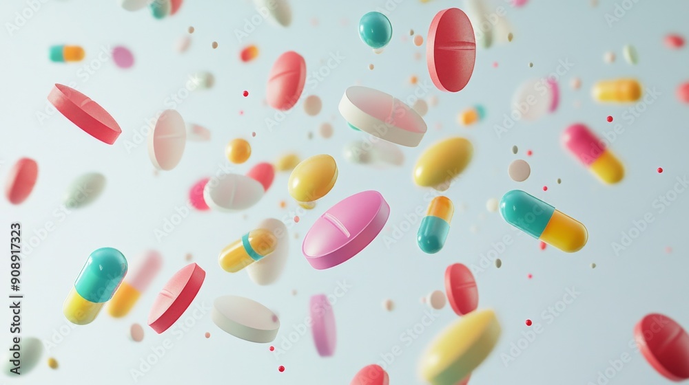 A cascade of colorful pills, in various shapes and sizes, falling onto a light grey backdrop, forming a vibrant display. A cascade of colorful pills, in various shapes and sizes, falling onto a light grey backdrop, forming a vibrant display.
