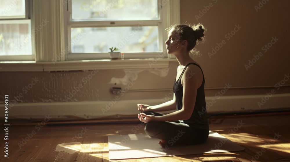 A serene scene of a woman meditating by a sunlit window, capturing tranquility and mindful practice. A serene scene of a woman meditating by a sunlit window, capturing tranquility and mindful practice.