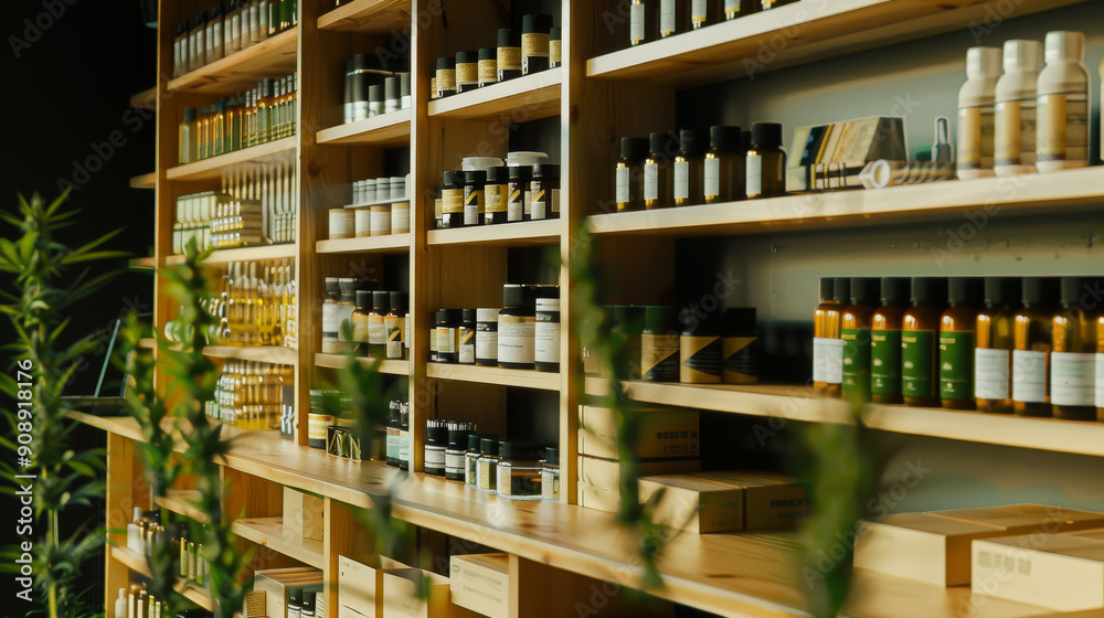 Shelves filled with neatly arranged natural and organic skincare products in a wooden-framed display create a serene atmosphere in a boutique store. Shelves filled with neatly arranged natural and organic skincare products in a wooden-framed display create a serene atmosphere in a boutique store.