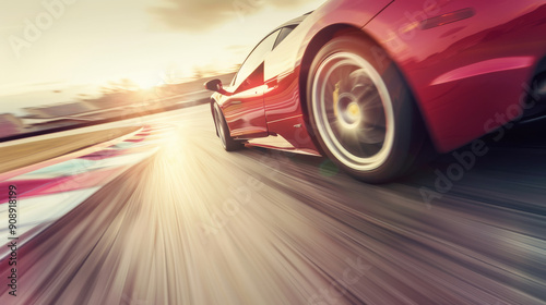 A red sports car races with agility and speed around a racetrack, the blurred background emphasizing its swift motion and high performance.