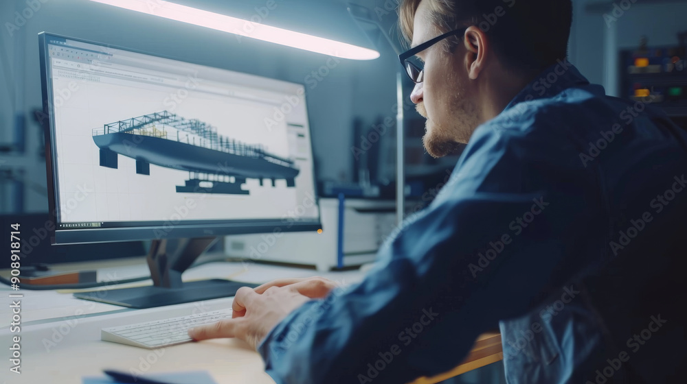 Fototapeta premium An architect working intently on a sleek ship design on a computer, highlighting innovative construction and futuristic maritime concepts.