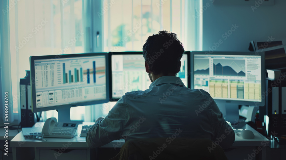 A trader navigates various financial charts on multiple monitors, surrounded by natural daylight streaming through the office window. A trader navigates various financial charts on multiple monitors, surrounded by natural daylight streaming through the office window.