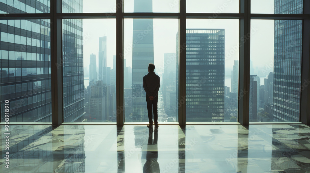 A person stands in a high-rise building, gazing out at a city skyline through expansive floor-to-ceiling windows, evoking a sense of solitude and introspection. A person stands in a high-rise building, gazing out at a city skyline through expansive floor-to-ceiling windows, evoking a sense of solitude and introspection.