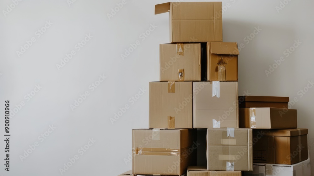 
A neatly stacked pile of cardboard boxes on a plain background, symbolizing moving or storage organization.