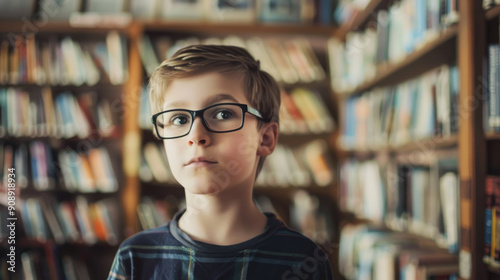 A boy with glasses stands amidst towering bookshelves in a library, capturing the essence of curiosity, learning, and quiet determination.