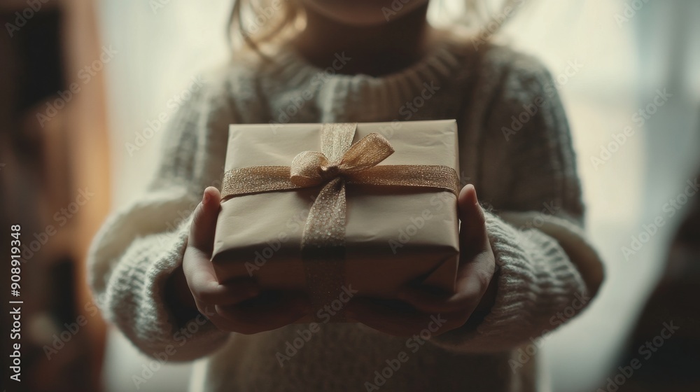 Cinematic medium shot of a child holding a beautifully wrapped present, under natural light Cinematic medium shot of a child holding a beautifully wrapped present, under natural light