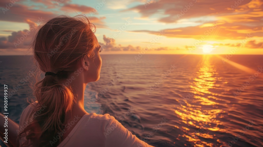 Woman looking at a beautiful sunset over the ocean from a cruise ship. Serene and reflective moment perfect for travel and vacation themes. Woman looking at a beautiful sunset over the ocean from a cruise ship. Serene and reflective moment perfect for travel and vacation themes.