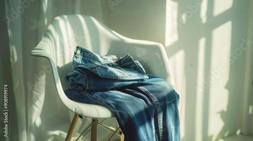 Sunlight filters through a window, casting soft shadows over a white chair holding a neatly folded pair of blue jeans. photo