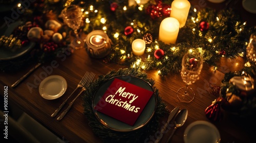 Cinematic high angle shot of a festive table setting with 