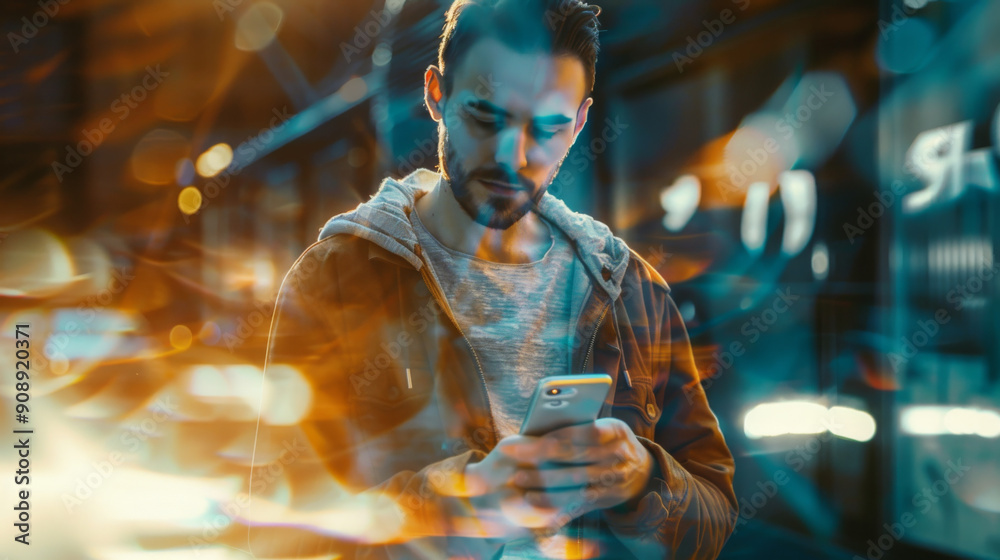 A young man, illuminated by streetlights, intensely checks his smartphone amidst vibrant night city lights and reflections.