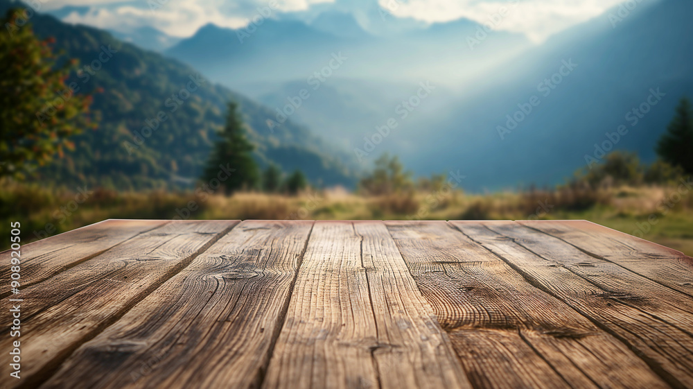 Blurred Mountain Background with Distressed Barnwood Table
