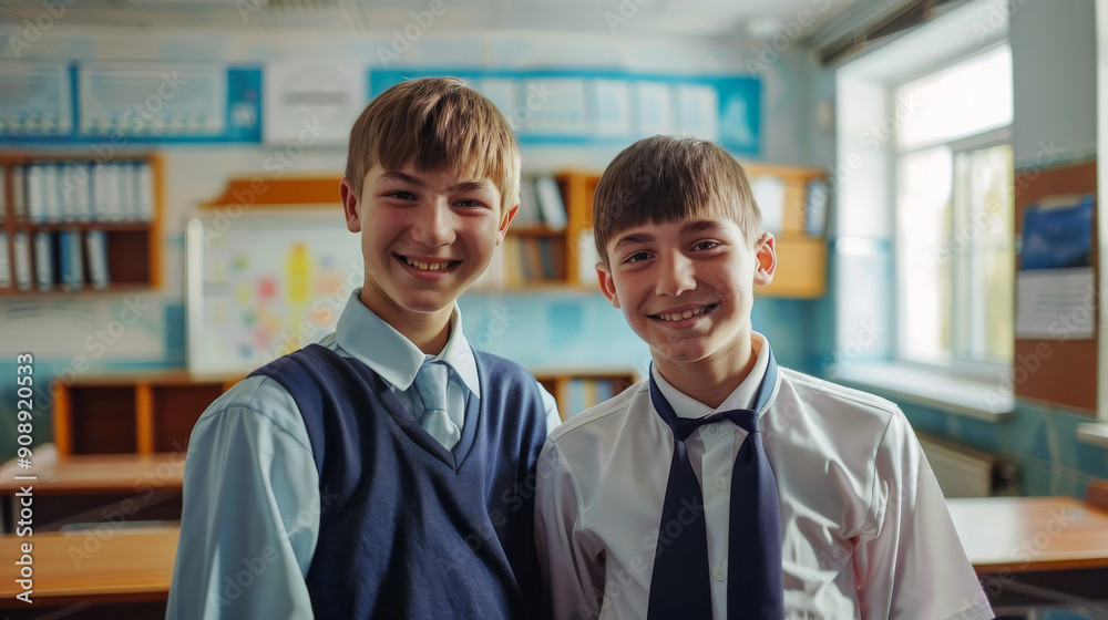 Naklejka premium Two young boys in school uniforms, smiling brightly in a classroom, reflecting joy and friendship.