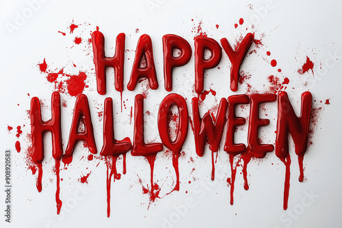 Blood is dripping from the letters forming the sentence happy halloween on a white background