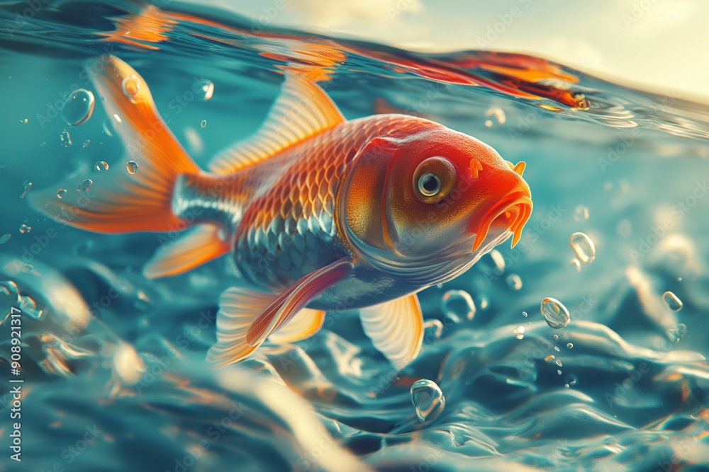 A beautiful goldfish with shiny scales swims in the water A beautiful goldfish with shiny scales swims in the water
