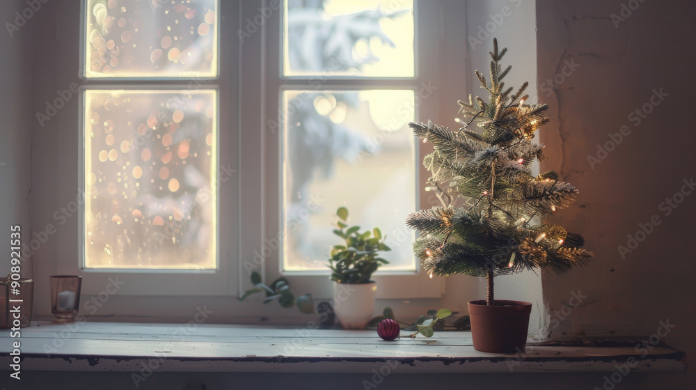 A small Christmas tree with soft lights on a window sill, with warm sunlight and a snowy view outside, creating a cozy holiday ambiance. A small Christmas tree with soft lights on a window sill, with warm sunlight and a snowy view outside, creating a cozy holiday ambiance.