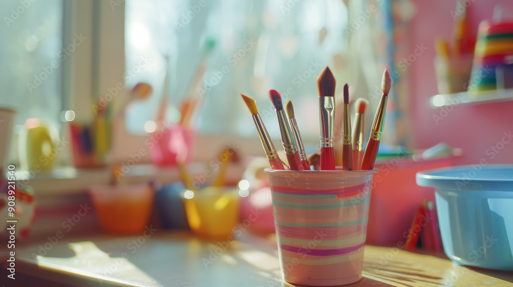 Brightly lit art studio with colorful paintbrushes in cups, scattered on a sunny table. Brightly lit art studio with colorful paintbrushes in cups, scattered on a sunny table.