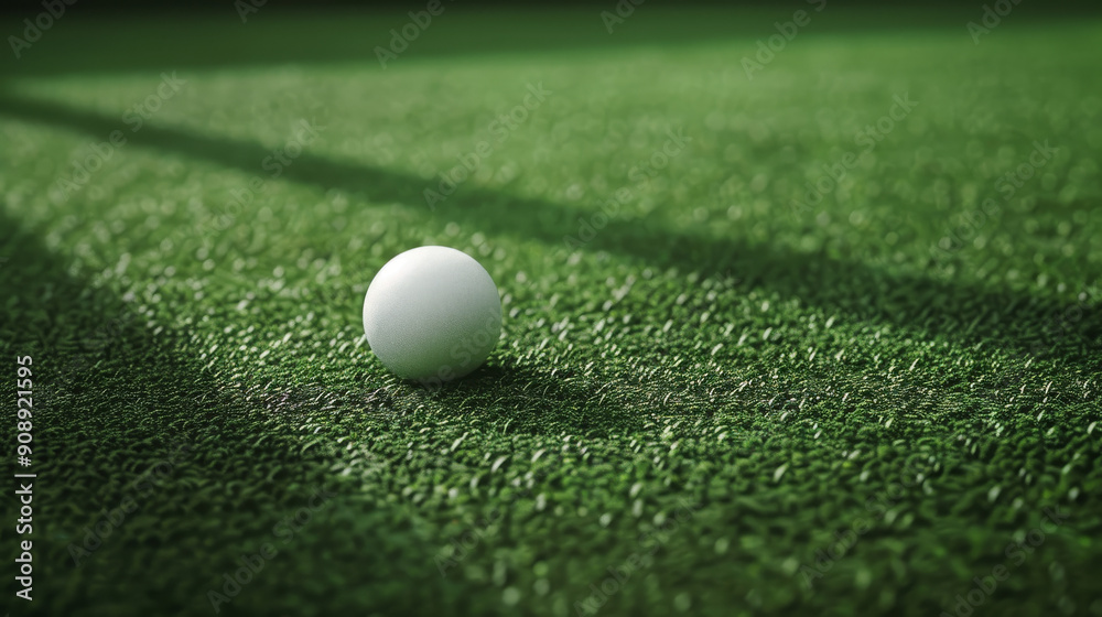 A single white ball sits on freshly mowed green grass, casting a long shadow in the sunlight. A single white ball sits on freshly mowed green grass, casting a long shadow in the sunlight.