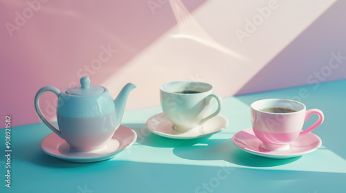 Wallpaper Mural Soft pink and blue lighting gently illuminates a serene tea set with two cups and a teapot on a pastel-colored table. Torontodigital.ca