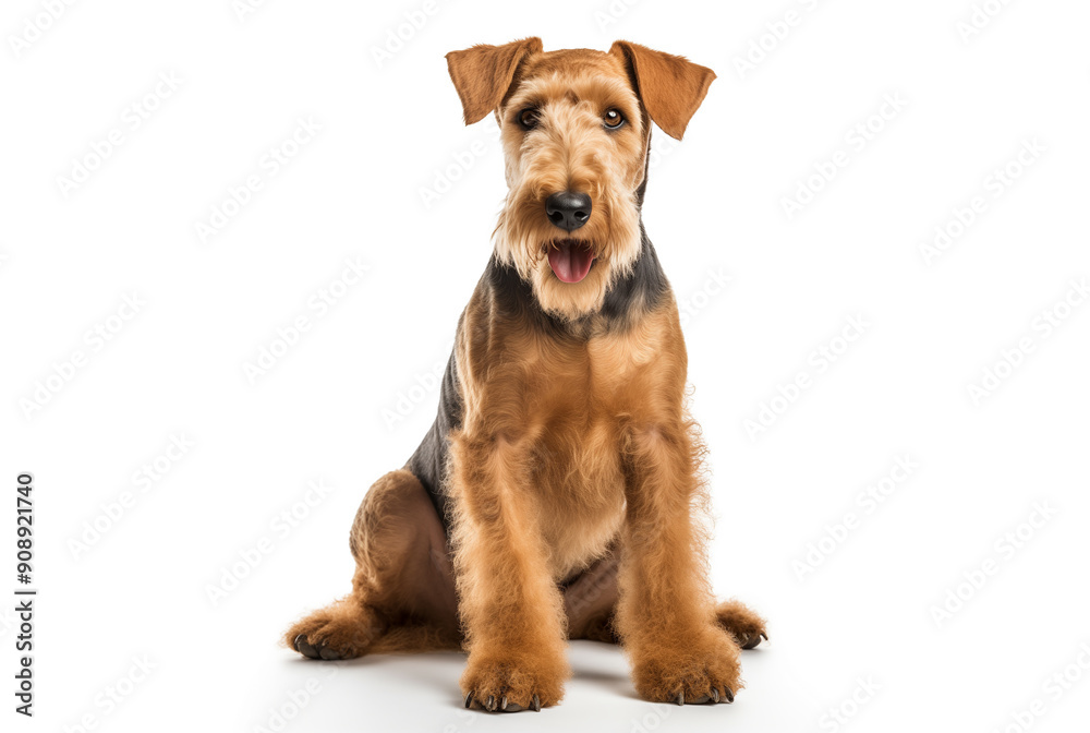 Portrait of a funny sitting Airedale Terrier dog facing forward on a white background. Portrait of a funny sitting Airedale Terrier dog facing forward on a white background.