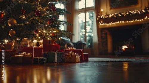 Cinematic wide shot of a Christmas tree with an abundance of presents underneath, captured with soft natural light