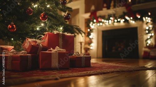 Cinematic low angle shot of presents stacked under a Christmas tree, illuminated by soft natural light