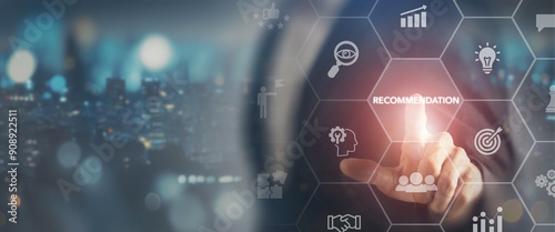 Recommendations and business  solutions concept. Businessman interacting with a digital interface displaying various business icons, emphasizing recommendations and strategic planning.