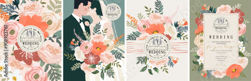 Wedding invitation. Save the date. Vector illustrations of wedding, newlyweds bride and groom, floral frame, pattern, background, logo, flowers, peonies and ribbon  for greeting card, poster or cover