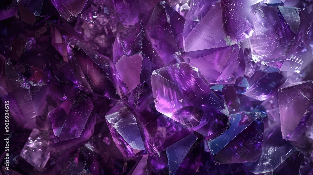 A stunning cluster of amethyst crystals glimmers with deep purple highlights, reflecting soft light and showcasing their natural beauty in intricate formations