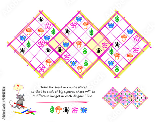 Logic Sudoku puzzle game. Draw the signs in empty places so that in each of big squares there will be 5 different images in each diagonal line. Page for kids brain teaser book. Flat vector image.