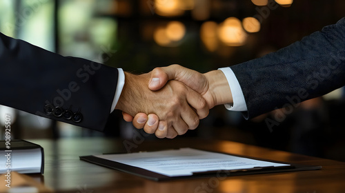 Close-Up of Signed Series B Investment Contract on Polished Wood Table with Celebratory Handshake in Background